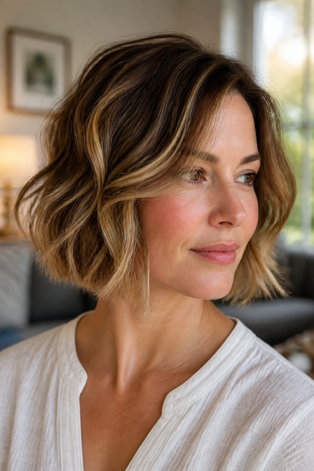 Close-up portrait of a real woman with tousled wavy bob and loose bend in window-lit room