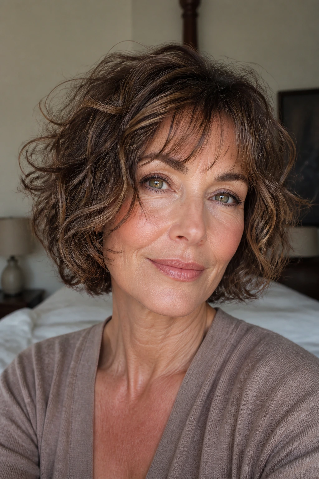Close-up of a real woman with a tousled bob and wispy fringe in warm window light