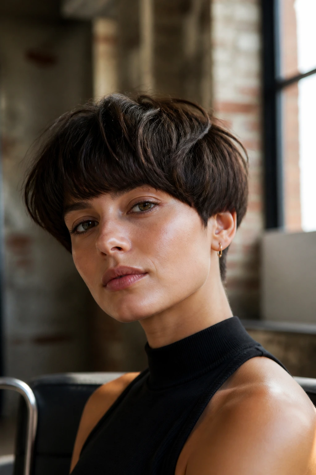 Close-up portrait of a real woman with a Tousled Bowl Cut hairstyle