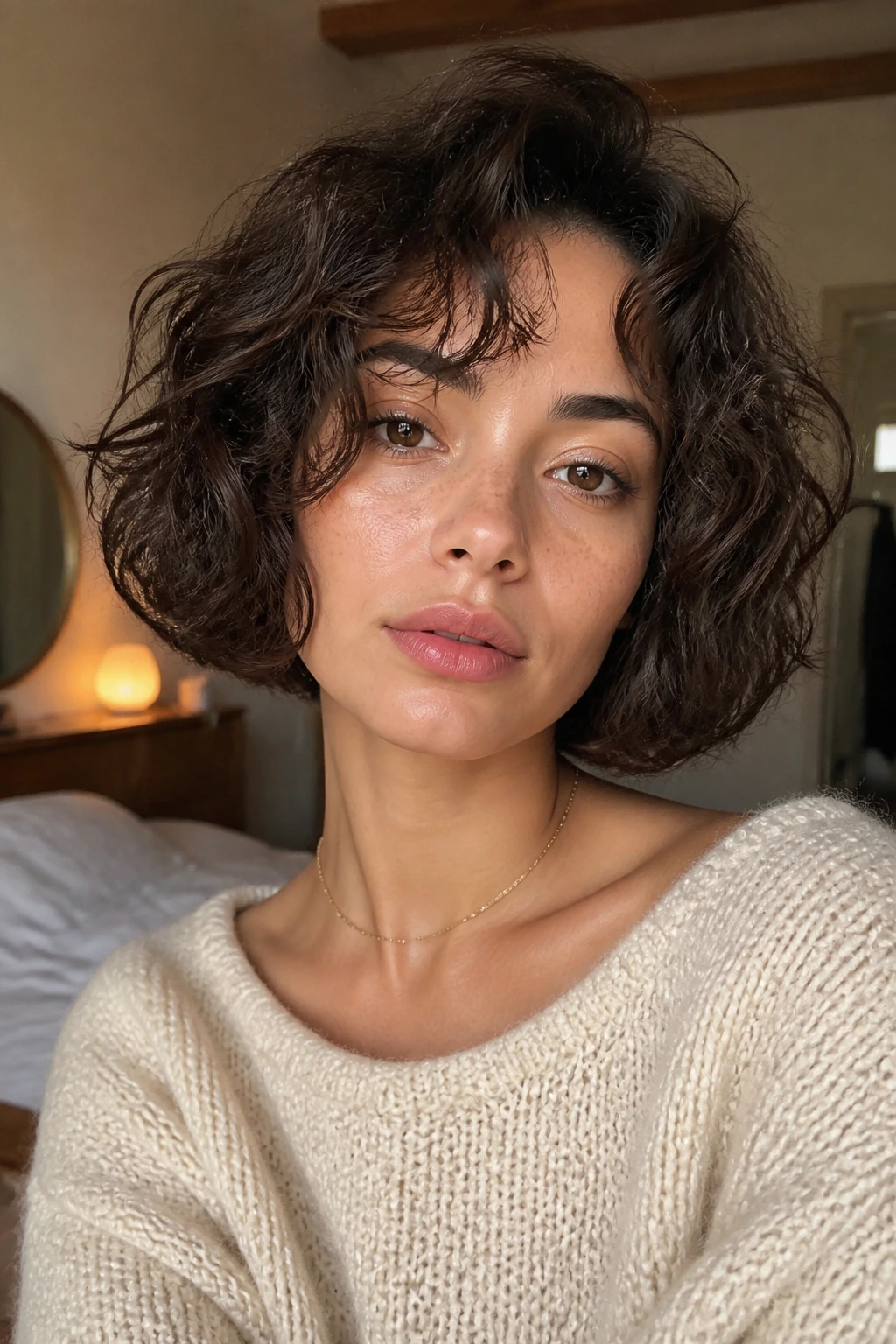 Close-up portrait of a real woman with tousled box bob hairstyle