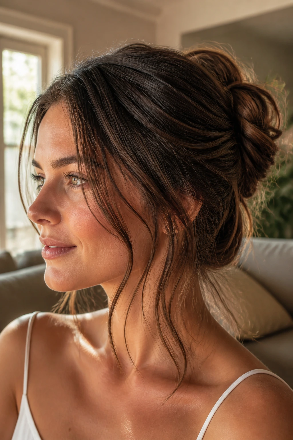 Close-up of a real woman with a tousled shoulder-length bun and soft layers