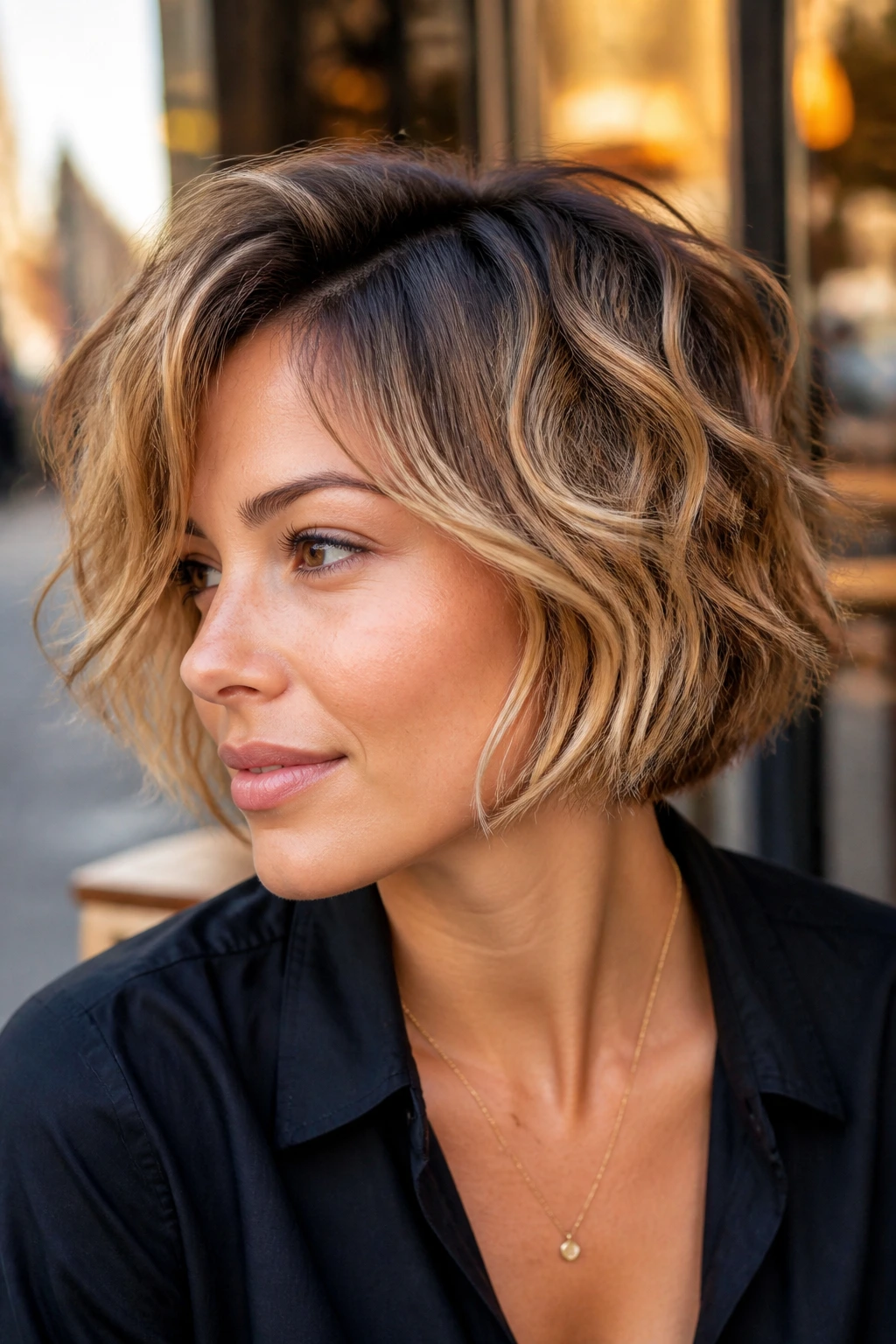 Close-up of a real woman with a tousled crop bob and shadow root in golden hour light