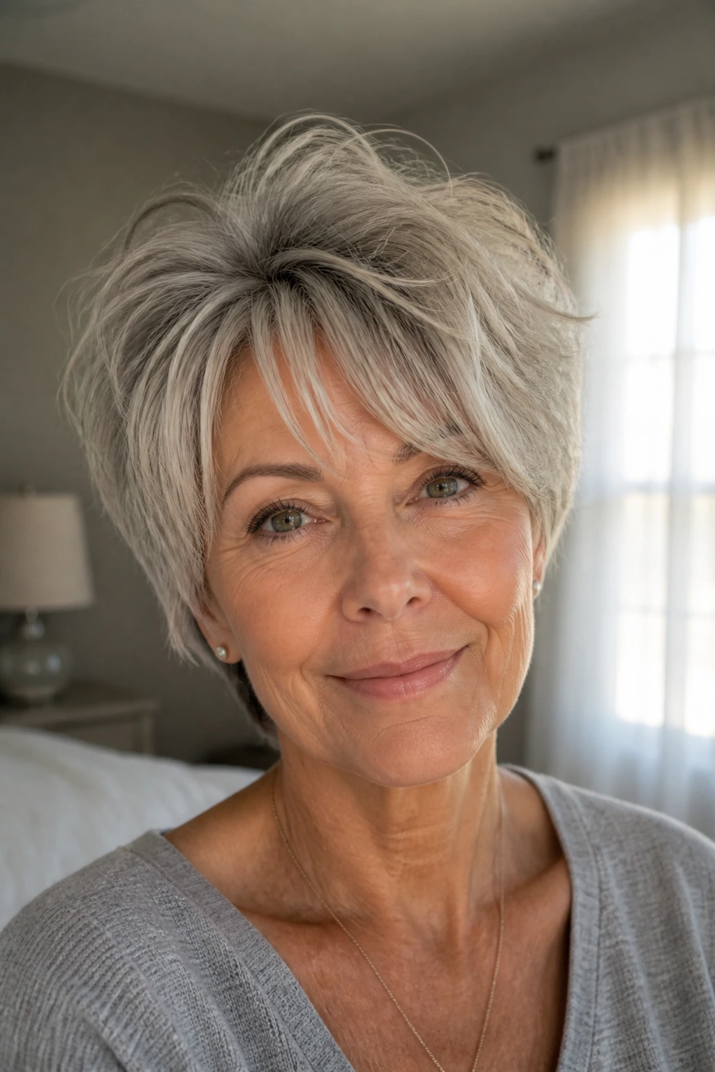 Close-up portrait of a real woman with tousled crop crown lift and curtain bangs, natural window light.