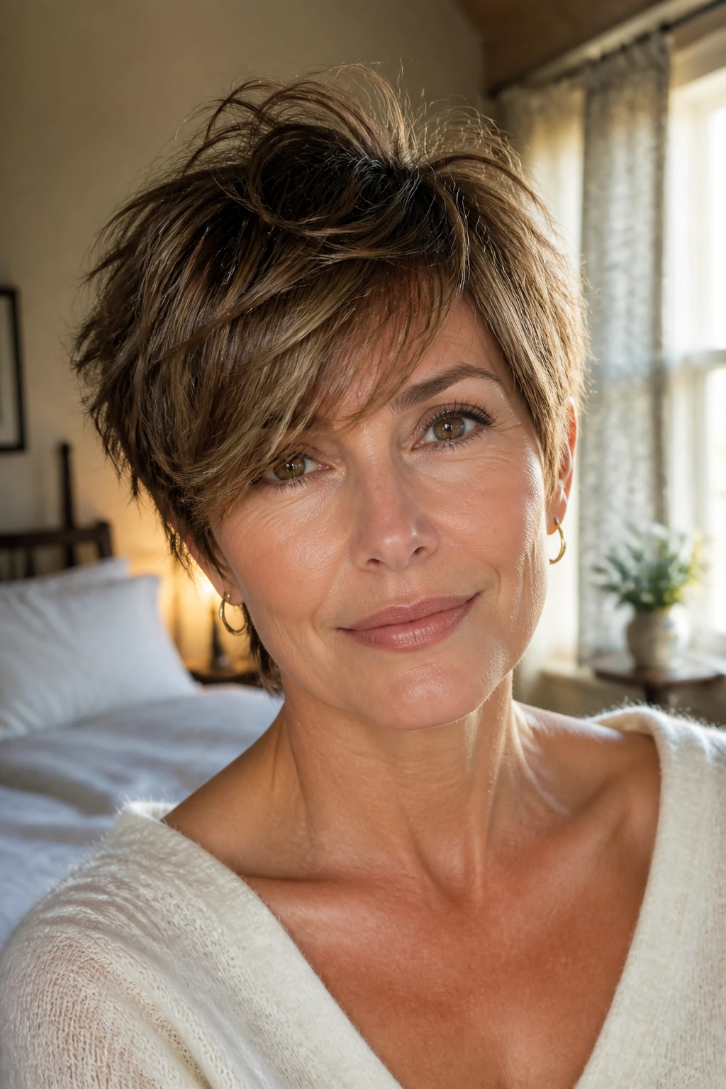 Close-up of a real woman with a tousled crop and long bangs