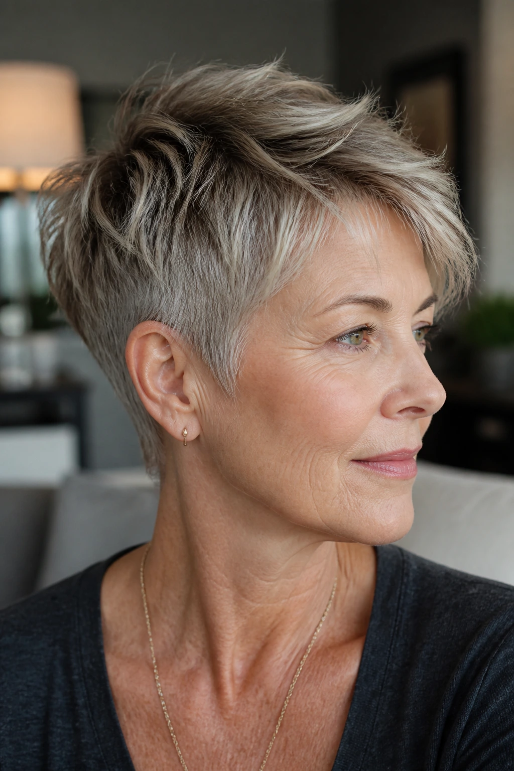 Close-up portrait of a real woman with a tousled crop and longer top in natural daylight.