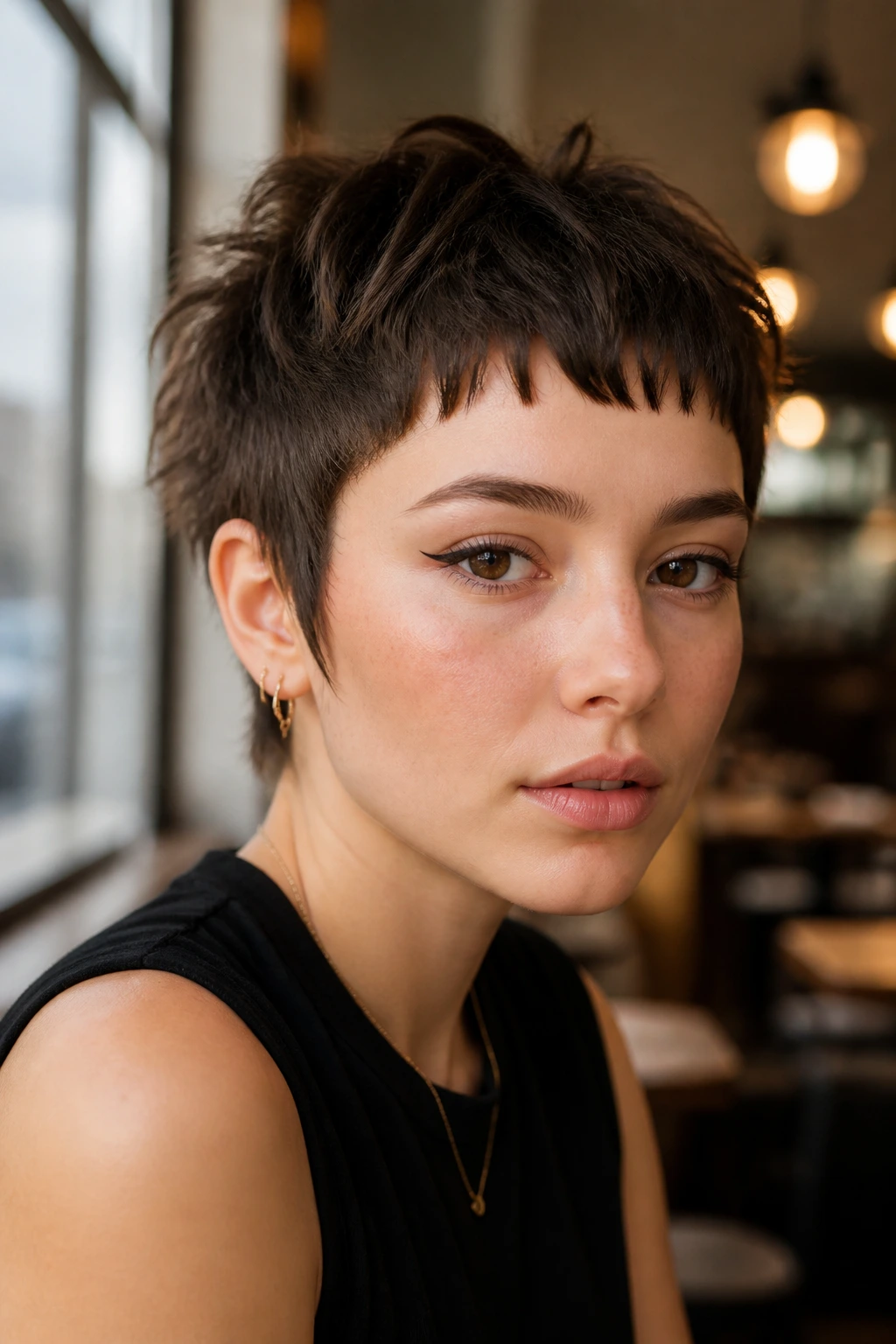 Close-up of a woman with tousled crop and micro fringe in a cafe setting