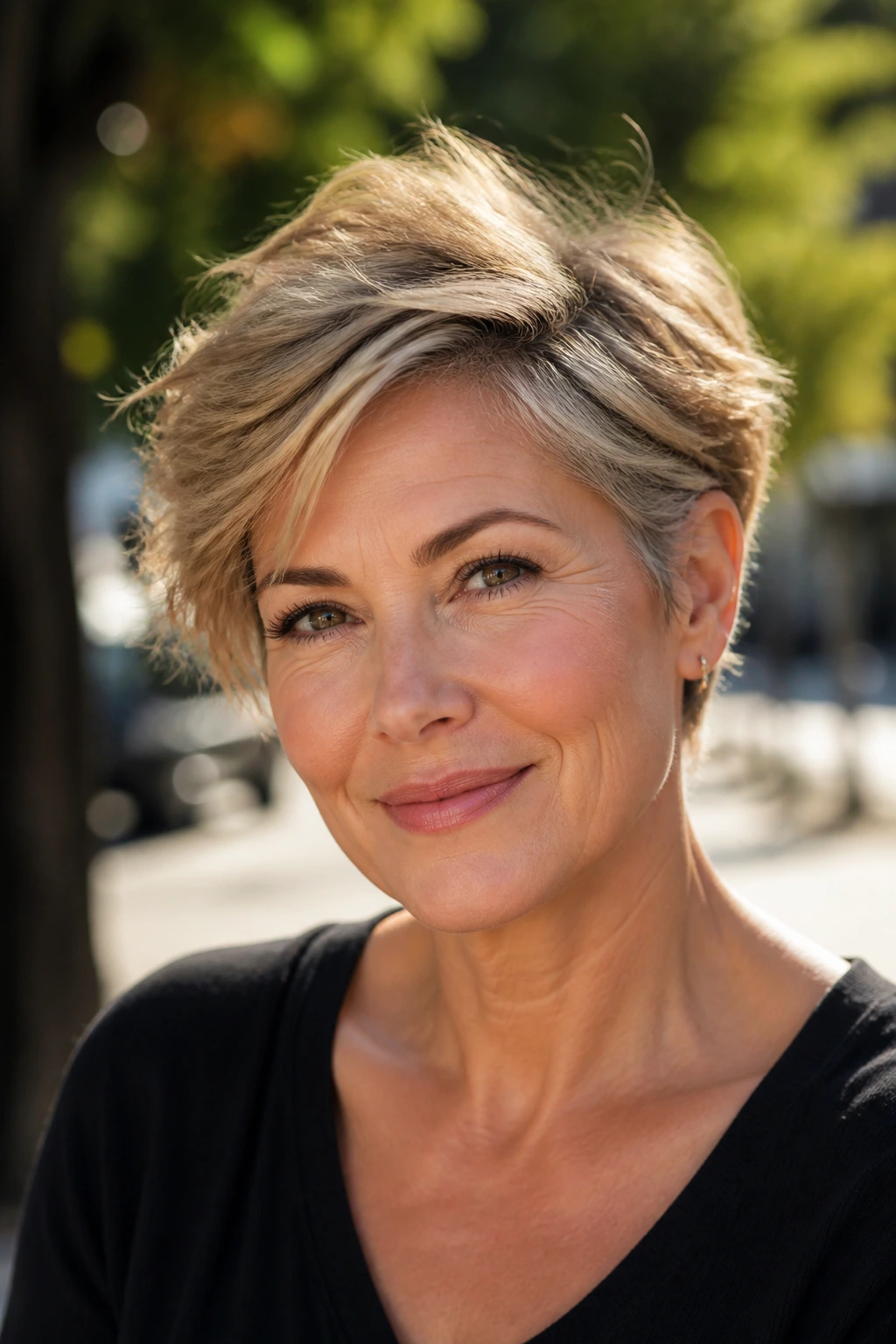 Close-up of a real woman with a tousled crop and side part in outdoor light