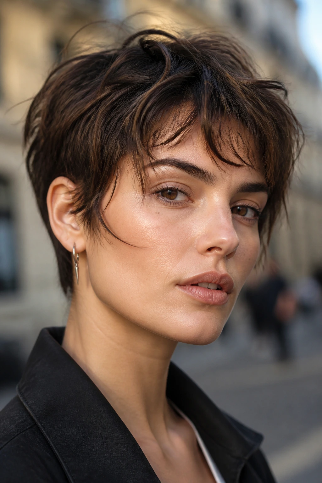 Portrait of a woman with a tousled crop texture at cheekbones
