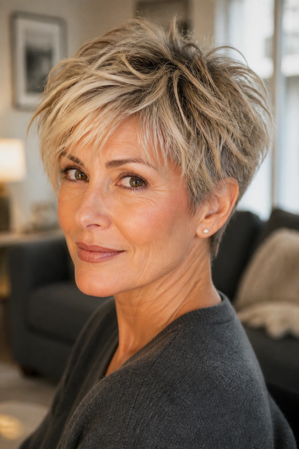 Close-up portrait of a woman with a tousled crop showing piece-y texture in natural light