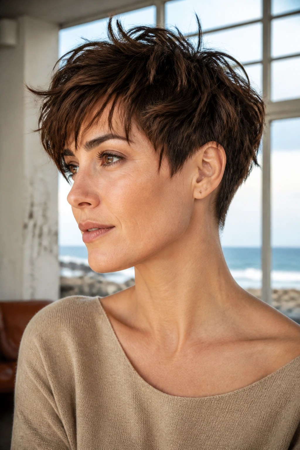 Close-up of a real woman with tousled crop and hidden undercut