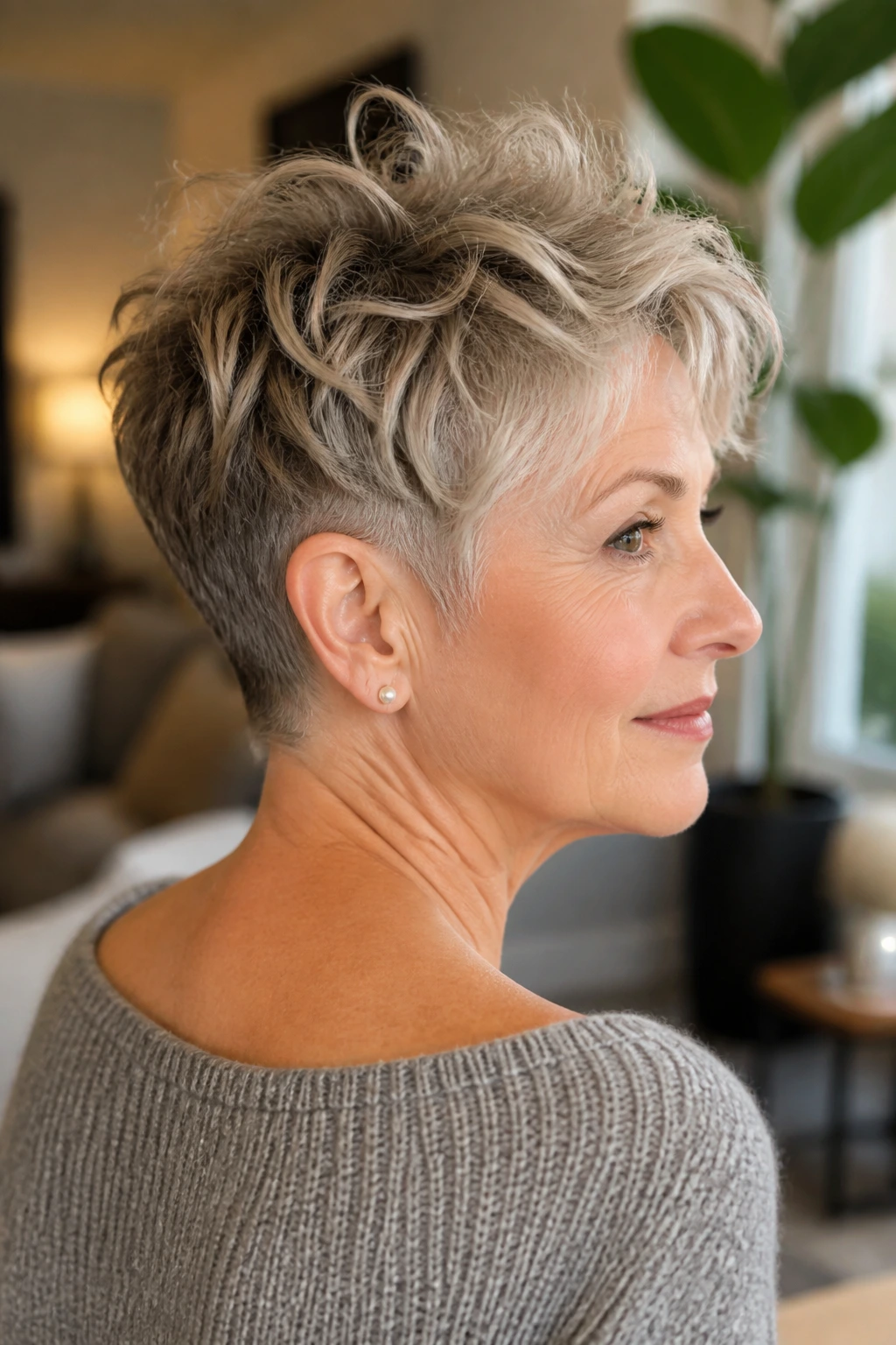 Close-up of a real woman with a tousled crop and soft undercut in a cozy living room