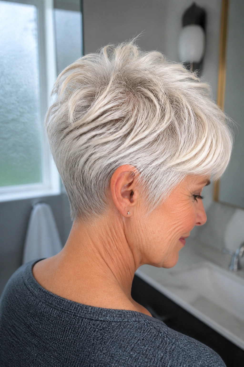 Portrait of a real person with a tousled cropped white hairstyle and tapered nape.