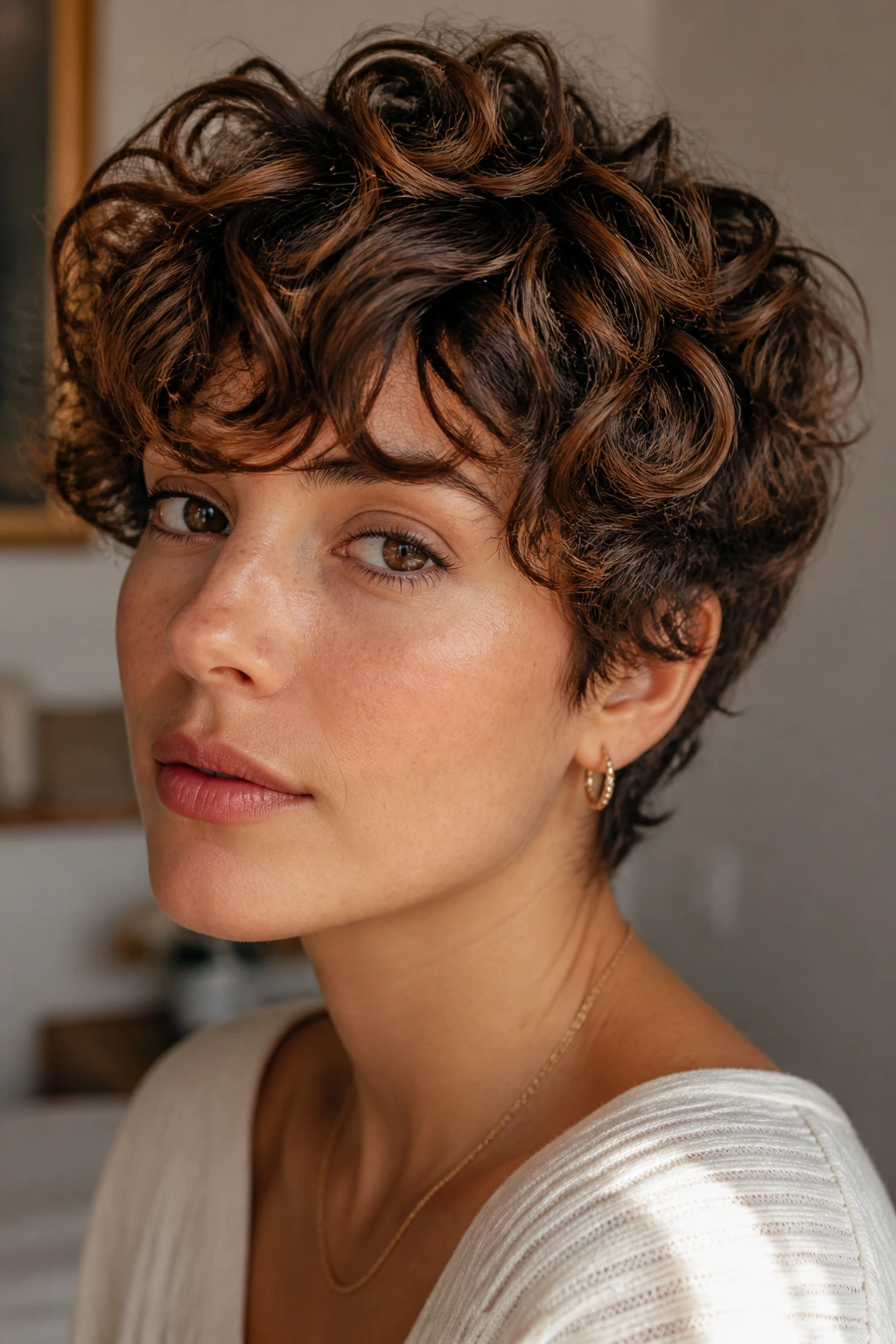 Close-up of a real person with a tousled curly crop and chestnut ribbon lowlights, warm indoor light