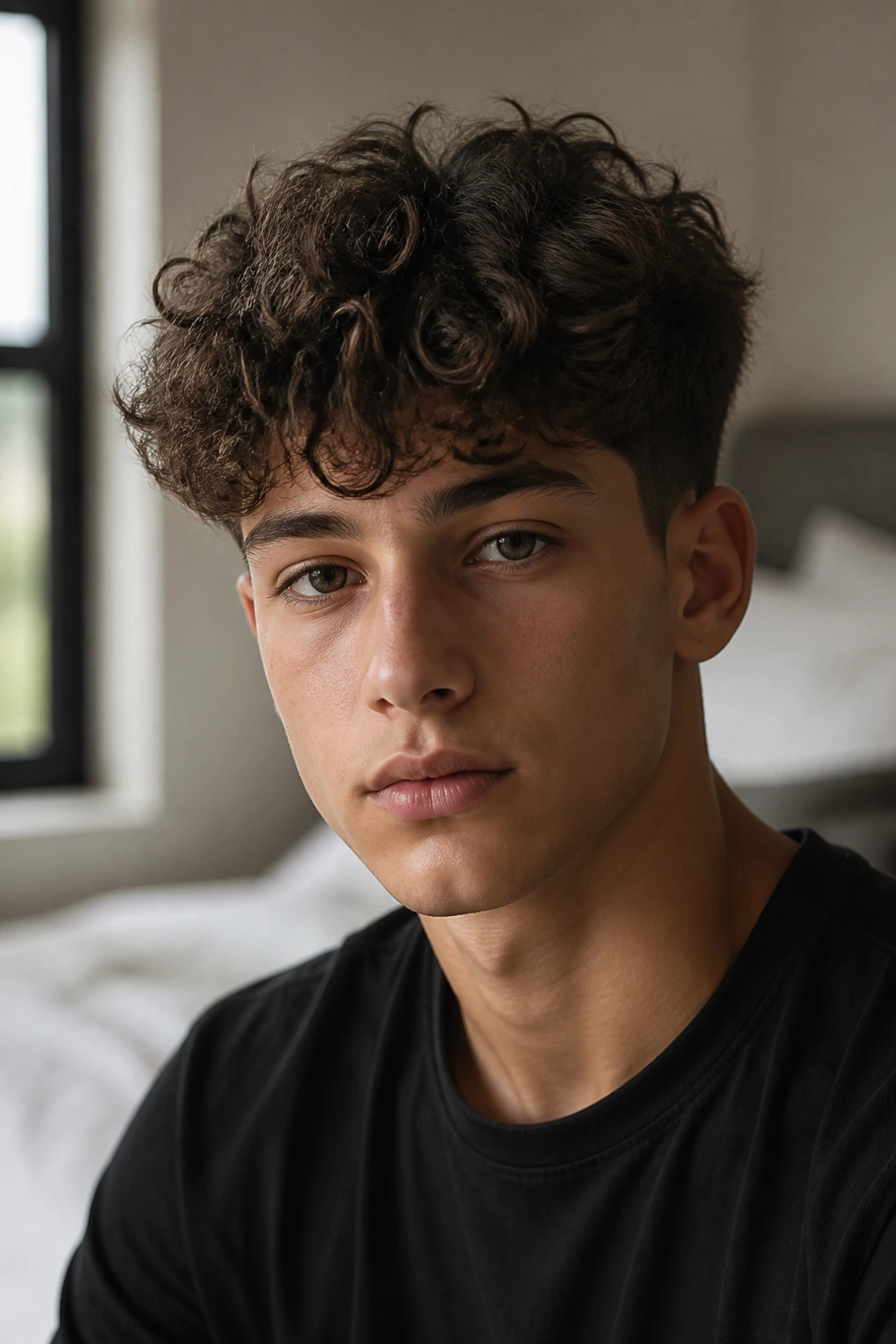 Close-up of a real boy with a tousled curly top and shaped sides in natural window light.