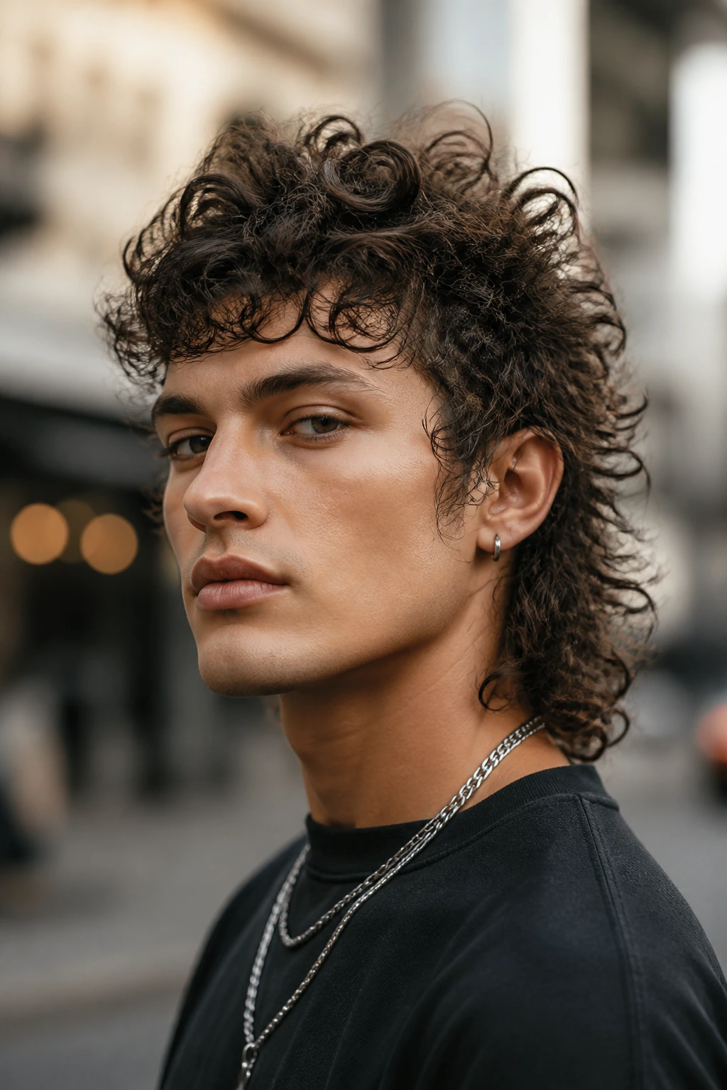 Close-up of a real person with a tousled curly mullet and lifted crown