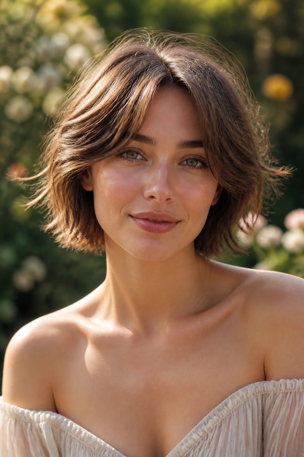 Close-up portrait of a real woman with a tousled curtain-bang bob in outdoor light