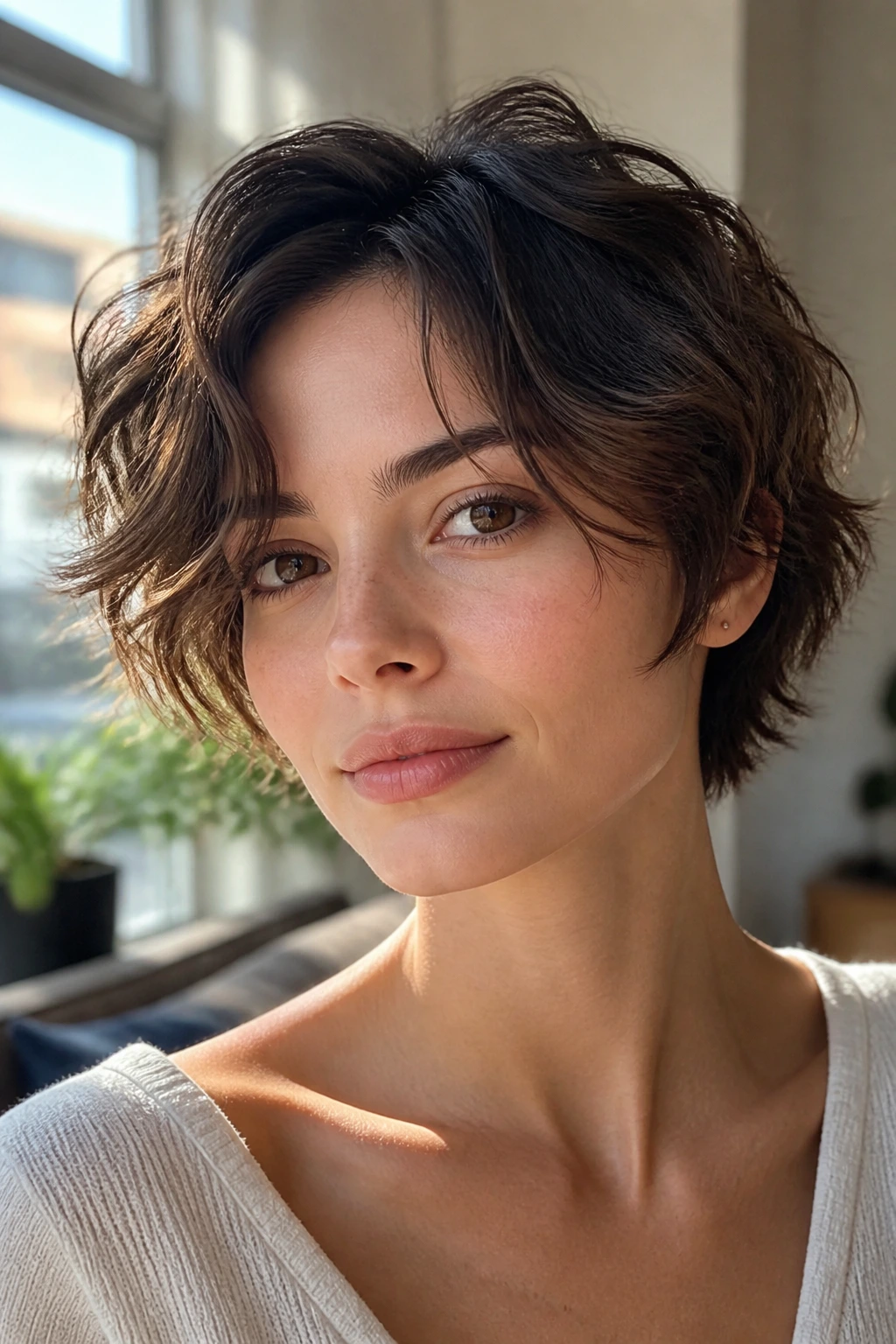 Real woman with tousled ear-length cut, movement around temples near a sunlit window.