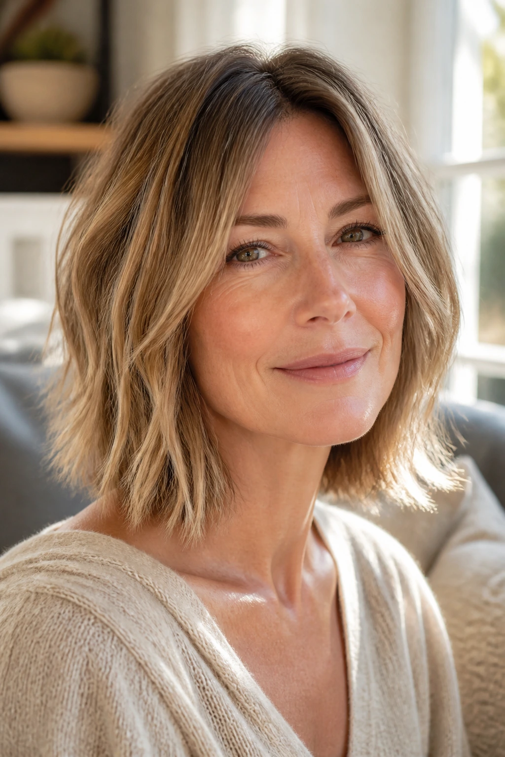 Close-up of a real woman with tousled ends lob in sunlit living room light