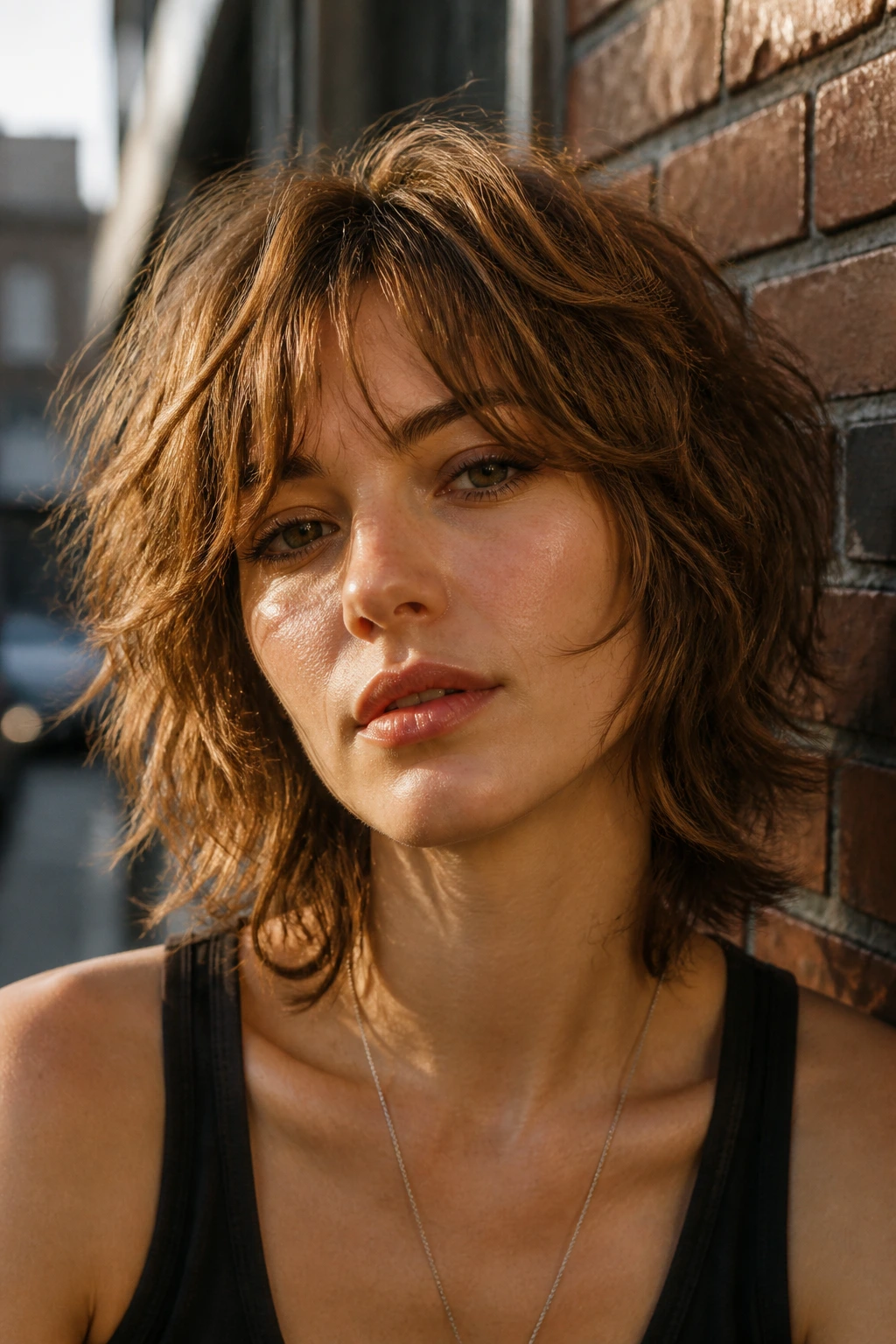 Close-up portrait of a real woman with tousled face-framing shag skimming cheeks