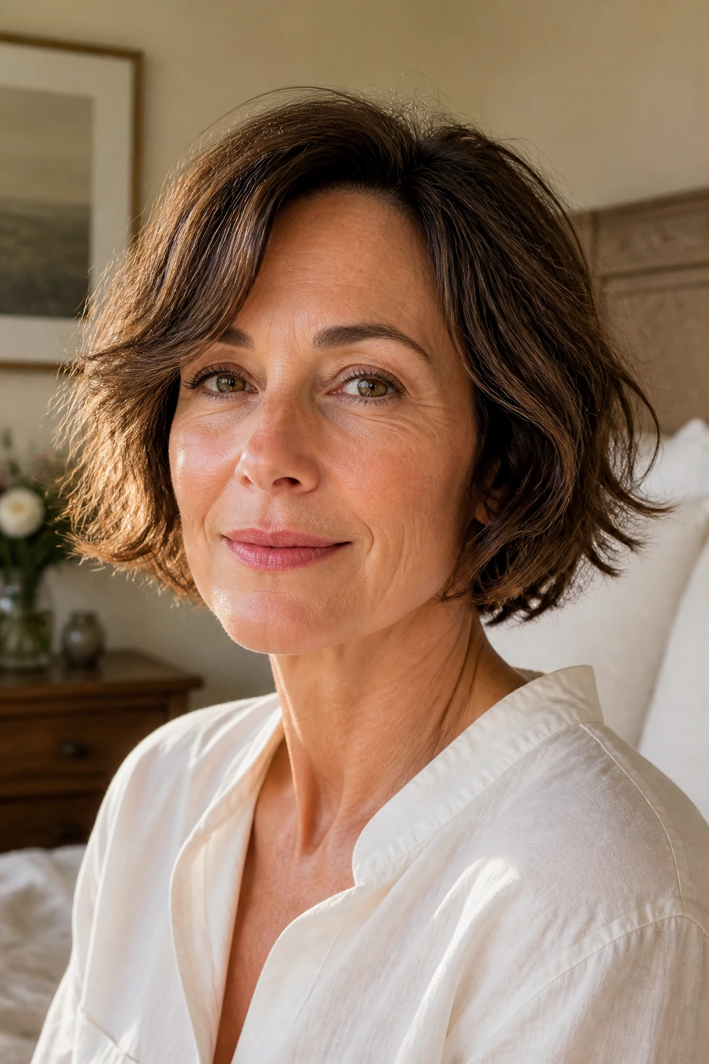 Close-up of a real woman with chin-length tousled French bob and soft waves