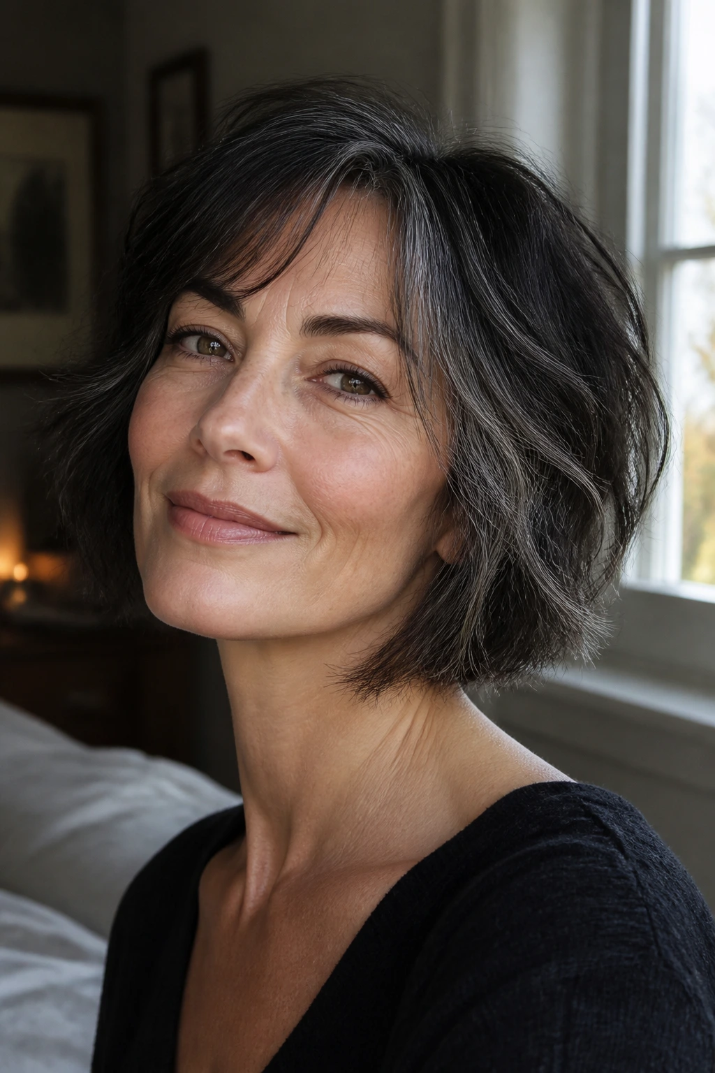 Close-up portrait of a real woman with a tousled French bob and integrated gray strands.