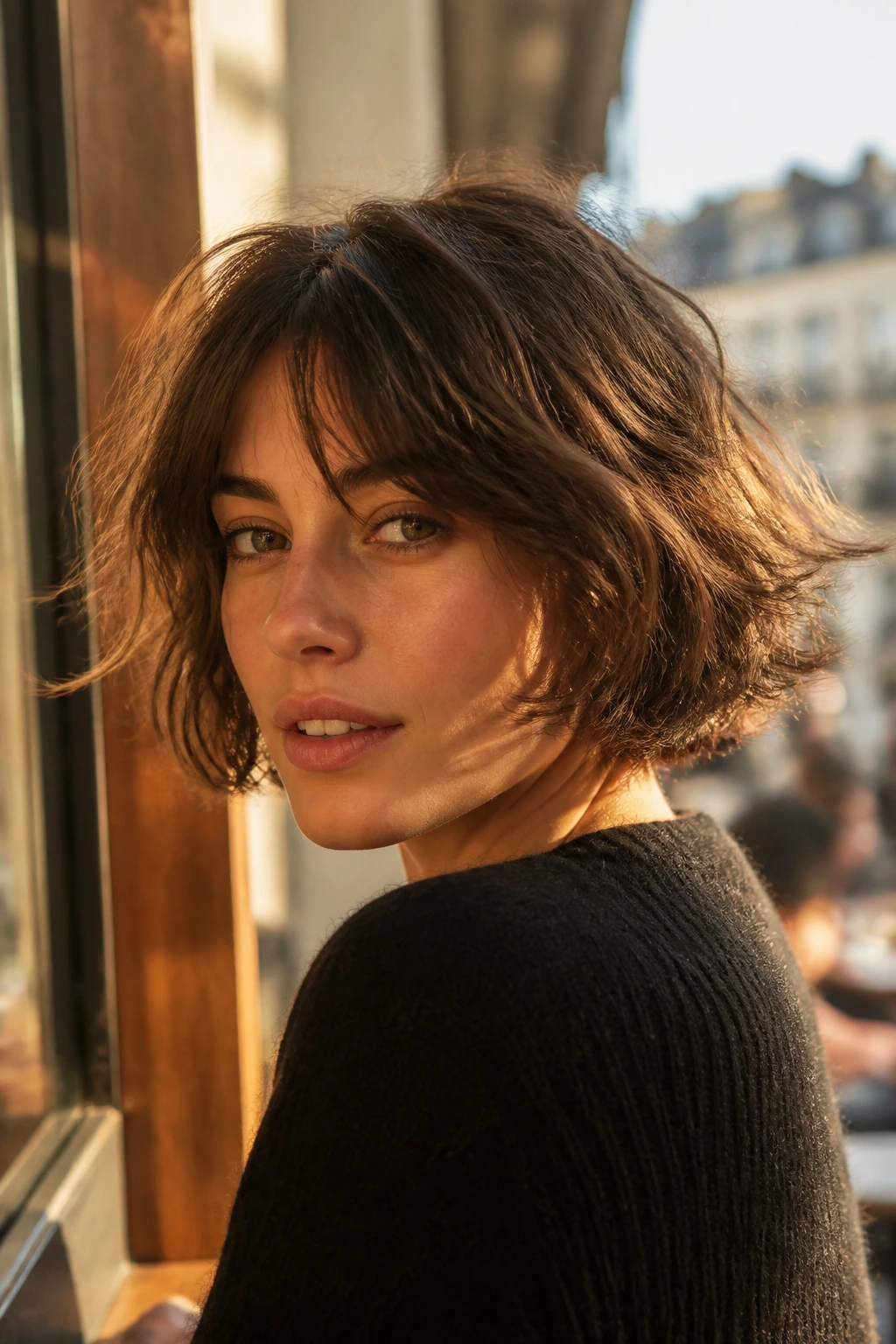 Real woman with tousled French bob showing piecey ends.