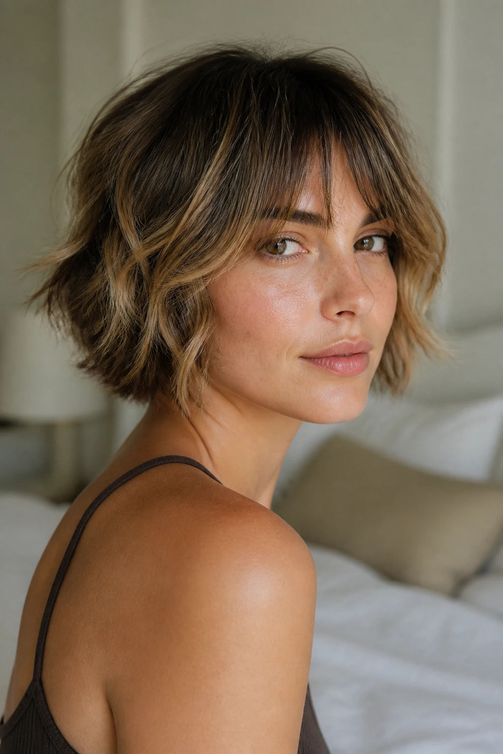 Portrait of a woman with chin-length tousled French bob and lowlights.