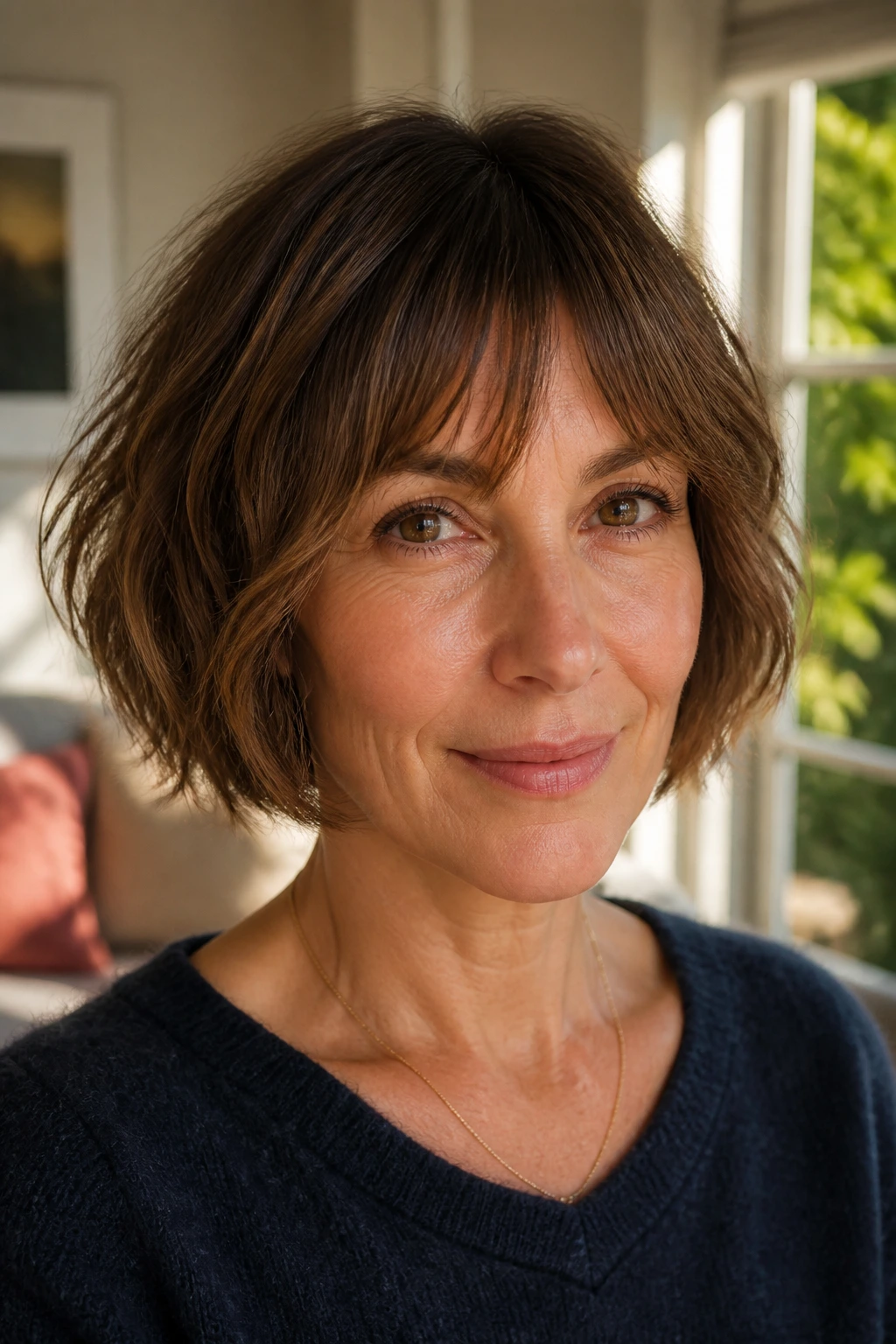 Real woman with tousled French bob in sunlit living room