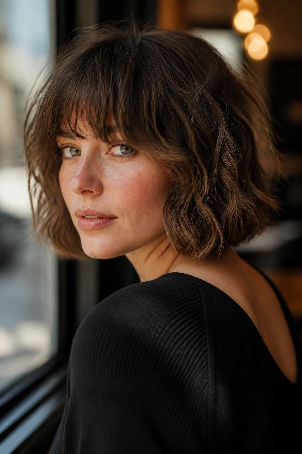 Close-up portrait of a real woman with a tousled chin-length French bob in a cafe setting.