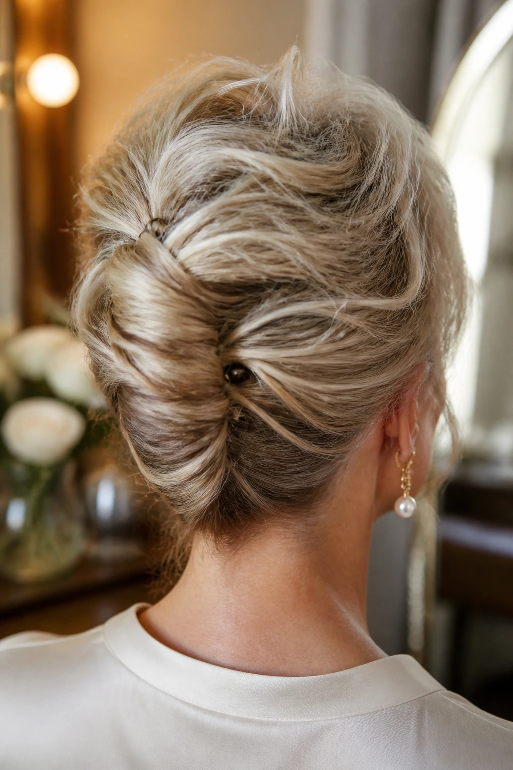 Back-of-head shot of a real woman with a tousled French twist