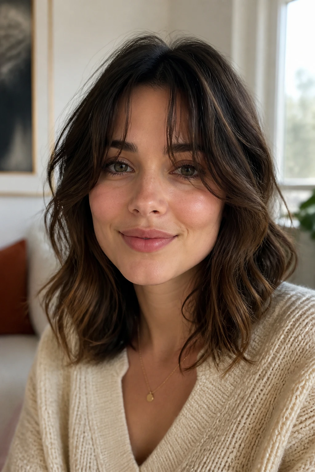 Close-up portrait of a real woman with tousled fringe breaking at cheekbones in natural light