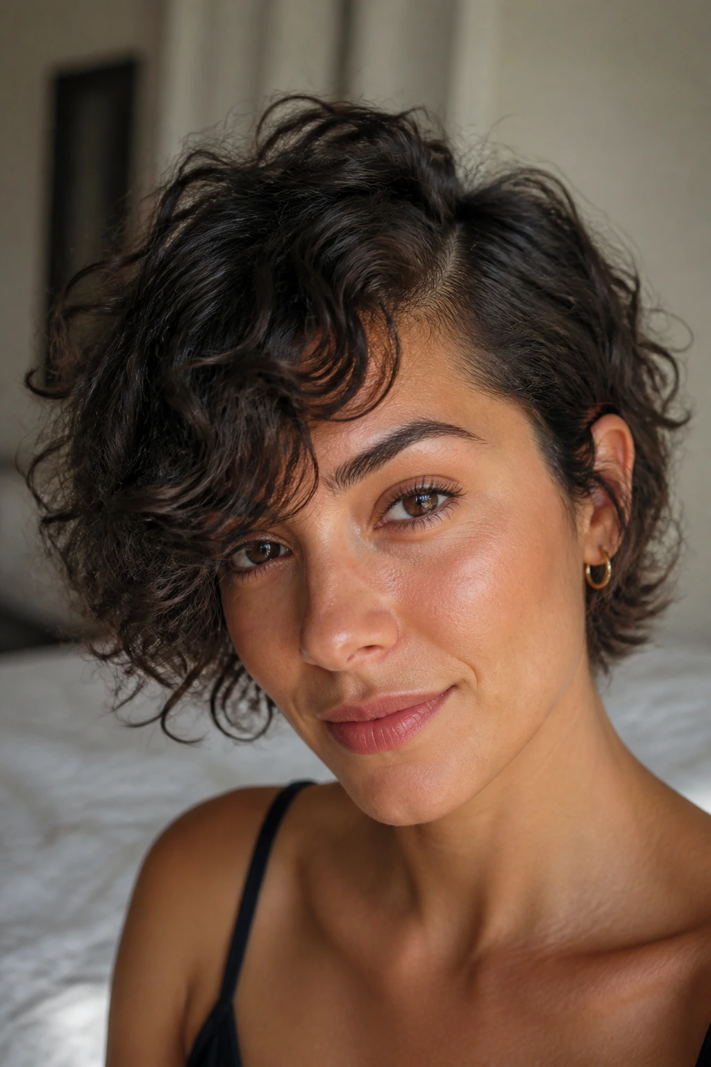 Close-up of a woman with tousled fringe and deep side part in warm window light