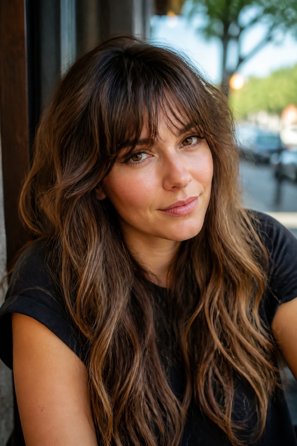 Close-up of real woman with tousled fringe over long lengths in warm outdoor light.