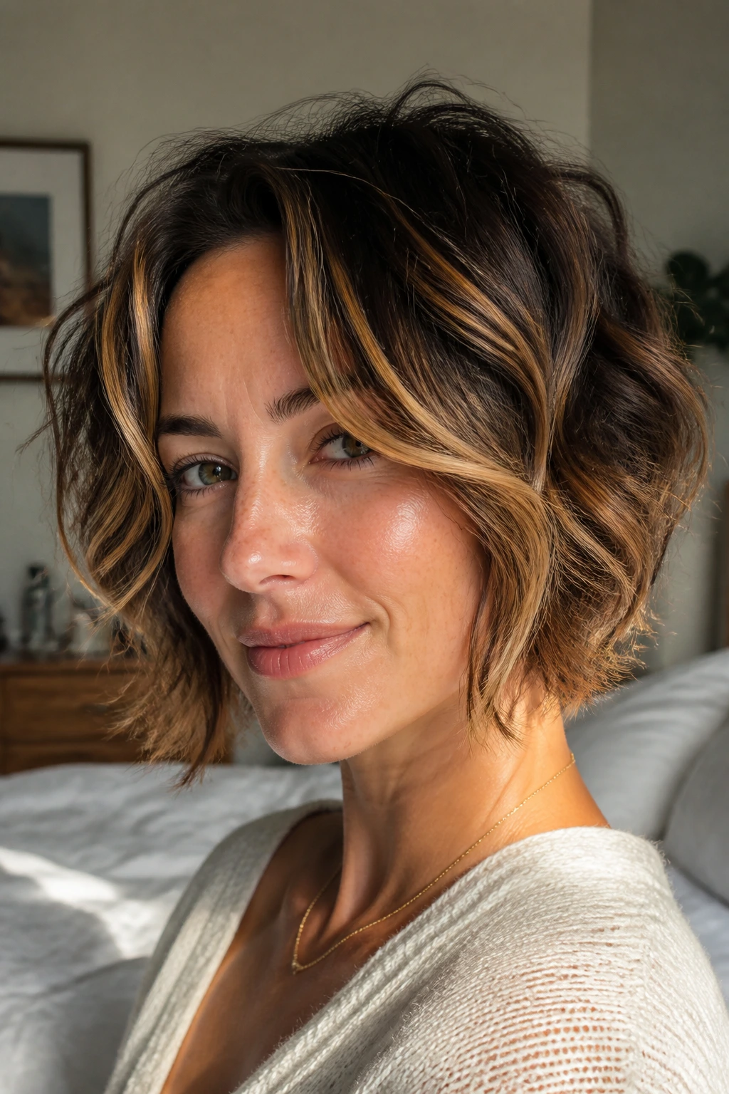Real woman with tousled bedhead inverted bob and caramel ribbons