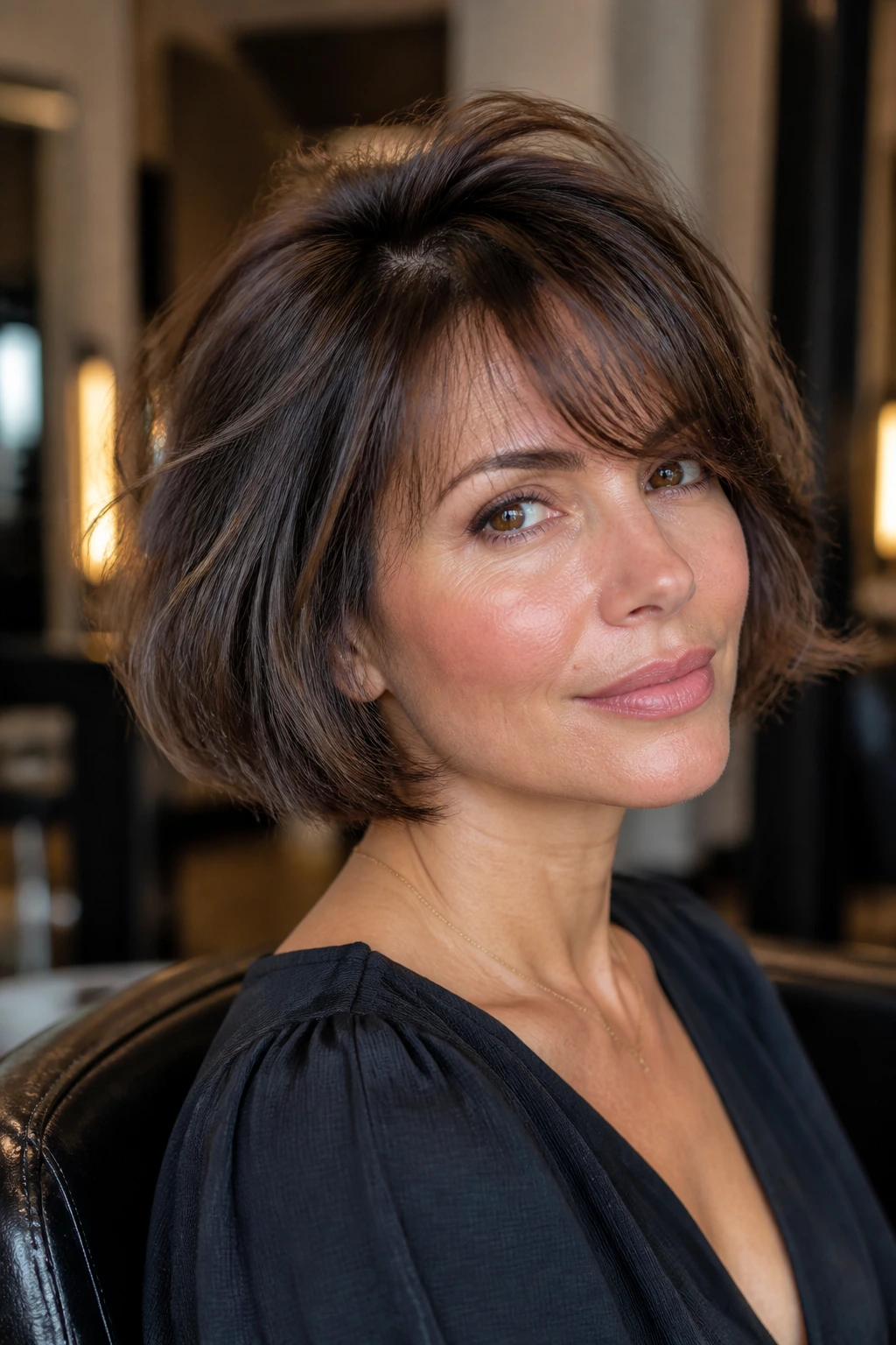 Close-up of real woman with tousled Italian bob and crown lift
