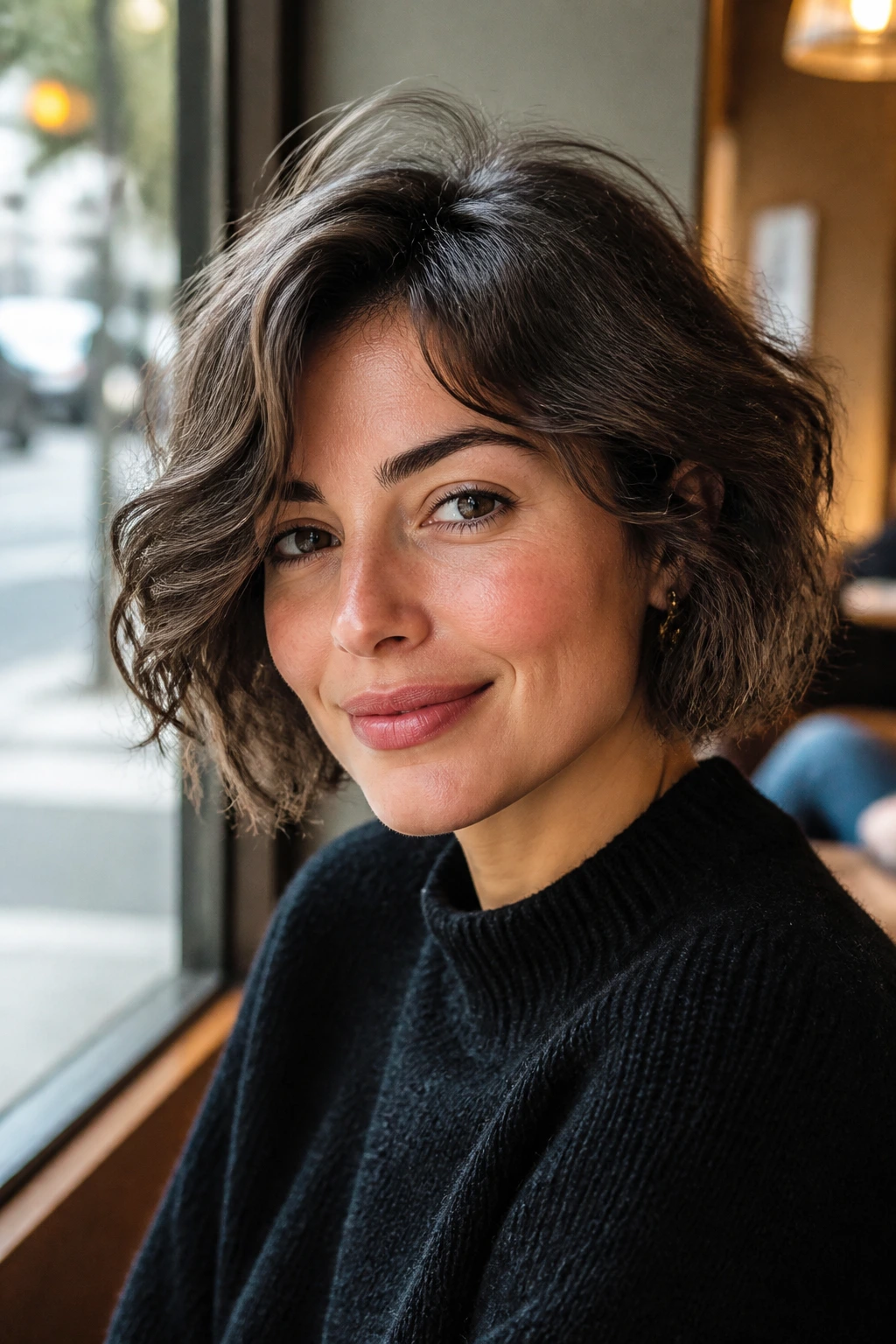 Portrait of a real woman with a Tousled Italian Bob, plush shape and soft waves in a cafe window.