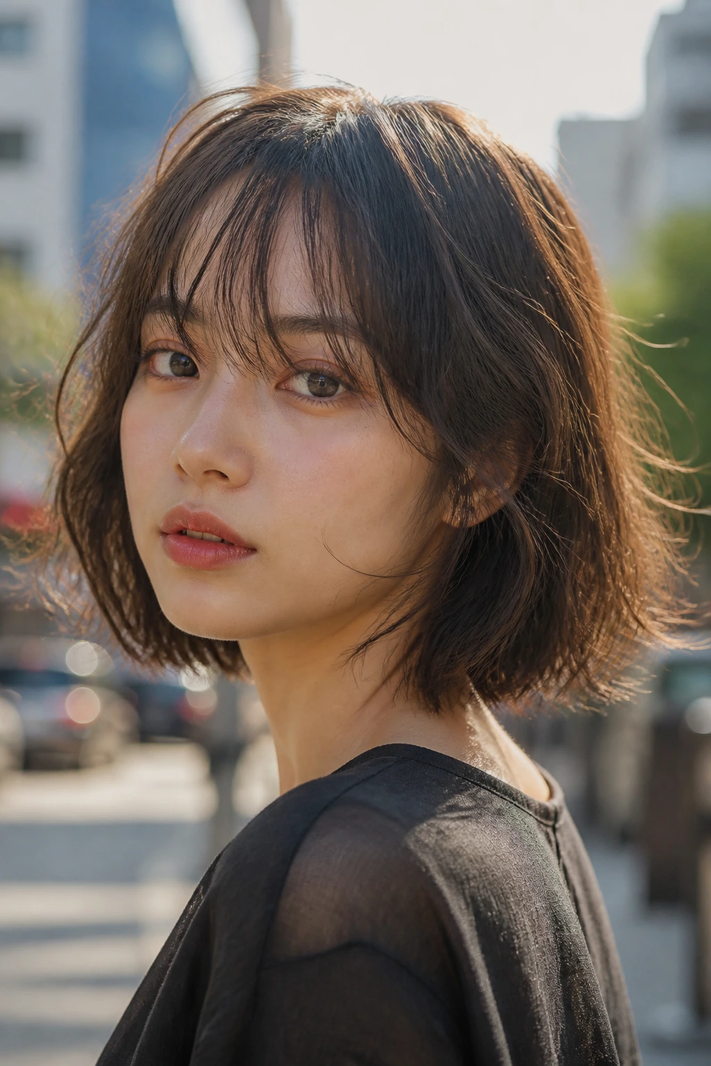 Close-up portrait of a woman with a tousled Korean bob and airy fringe outdoors