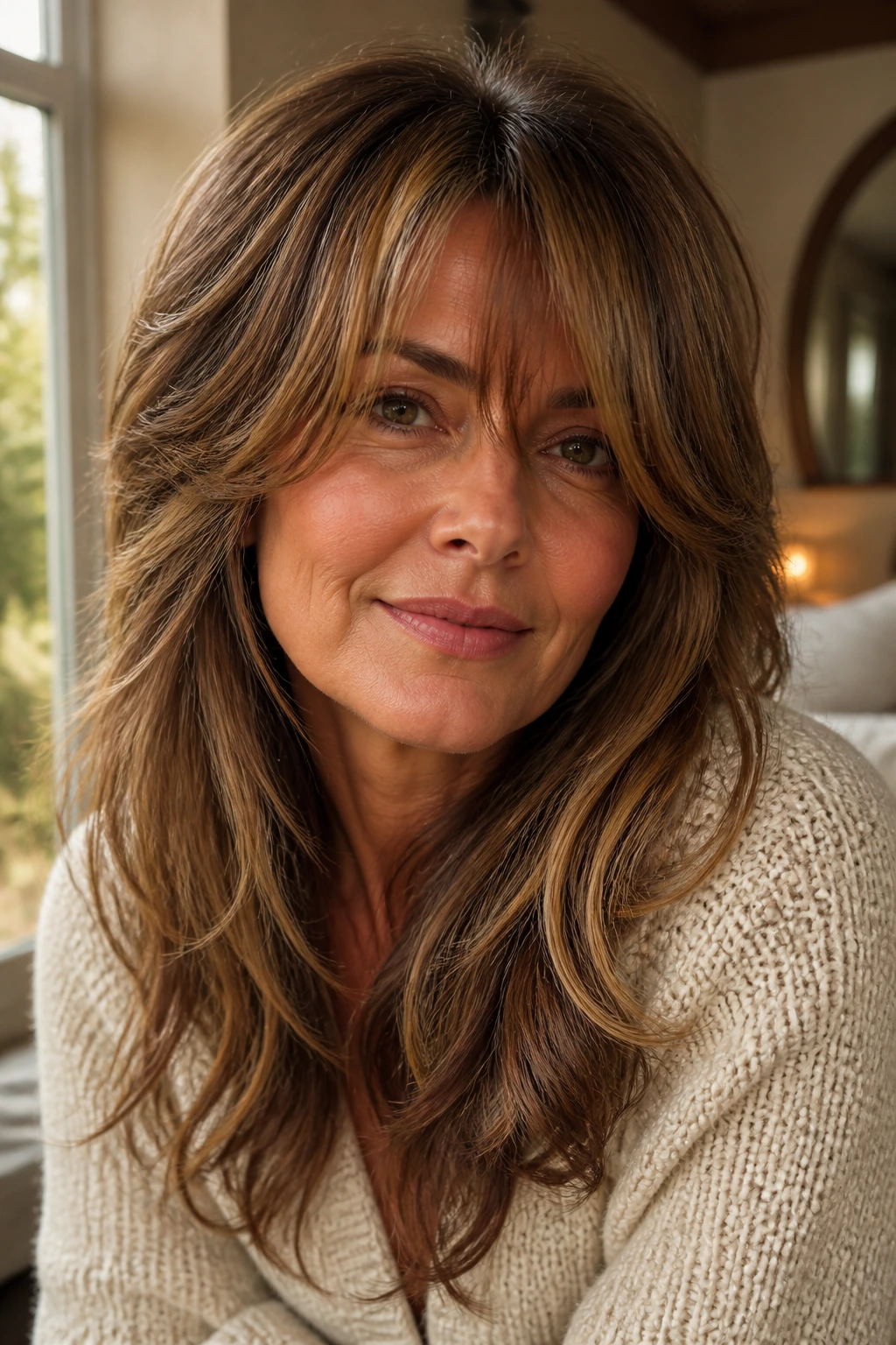 Close-up of a real woman with tousled hair and golden brown glow