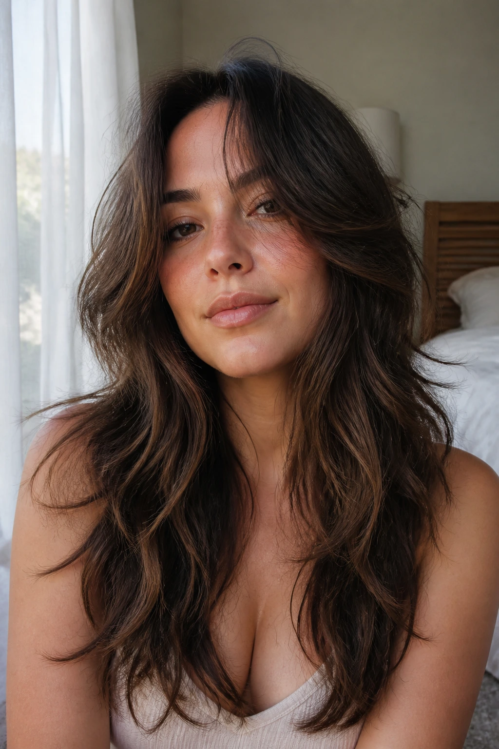 Close-up portrait of a real woman with tousled layered hair showing vertical movement in morning light