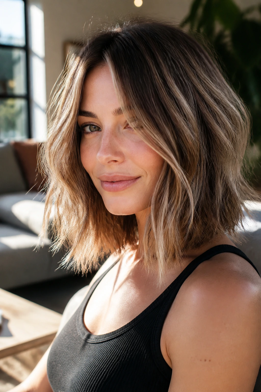 Close-up of tousled lob with piecey ends and babylights on a real woman