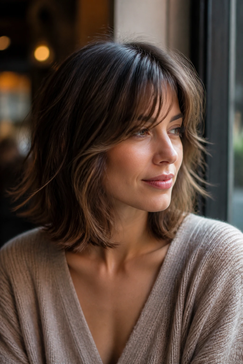 Real woman with a tousled lob featuring bent ends and a soft fringe in a cafe setting