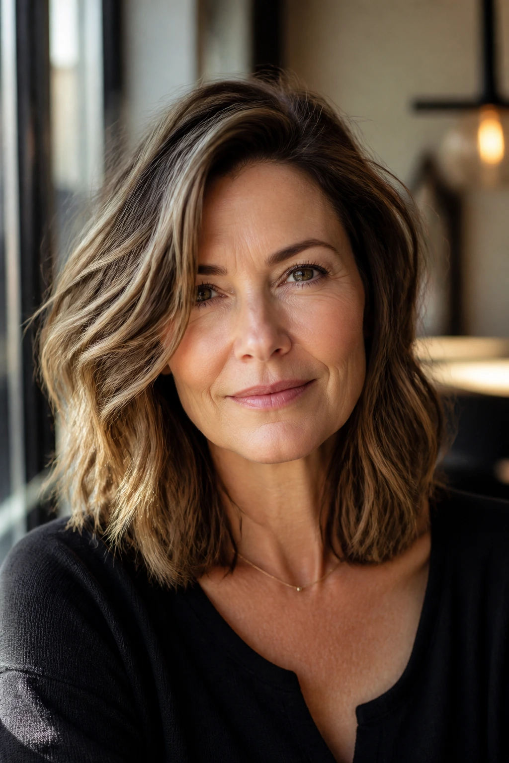 Real woman with tousled lob and deep side part creating asymmetry
