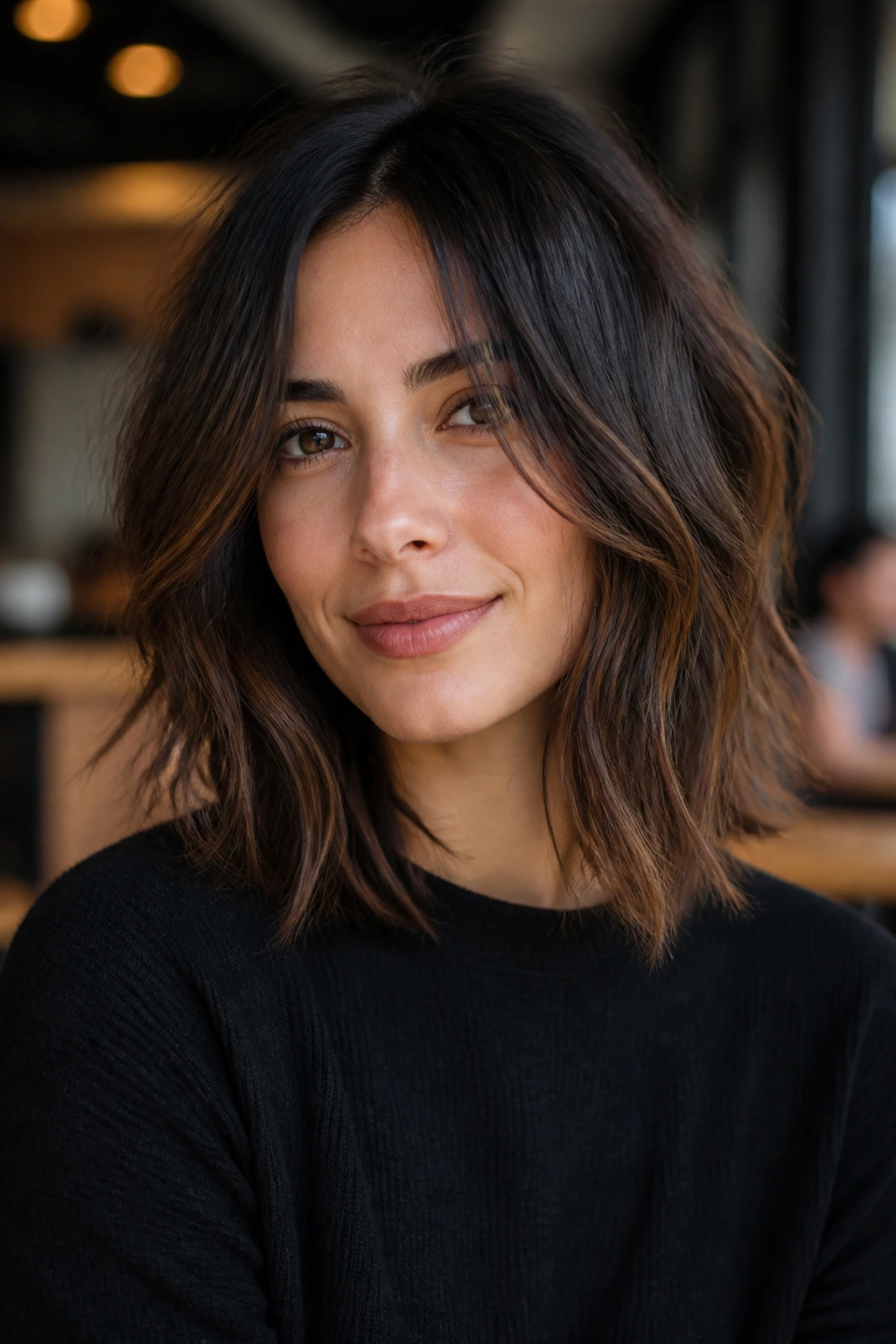 Portrait of a real woman with a tousled lob and internal layers