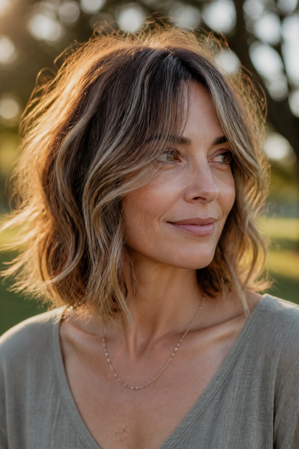 Tousled lob with invisible layers in golden hour light