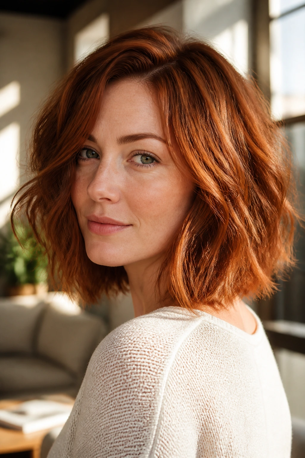 Close-up of a real woman with a tousled lob and invisible layers in red hair