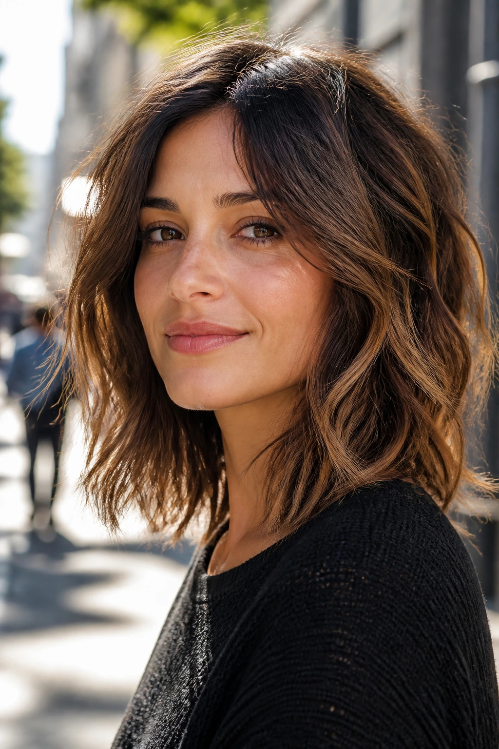 Close-up portrait of a person with tousled lob and mid-length layers