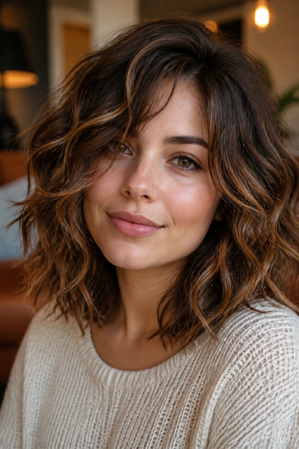 Close-up of tousled lob with piecey definition on a real woman