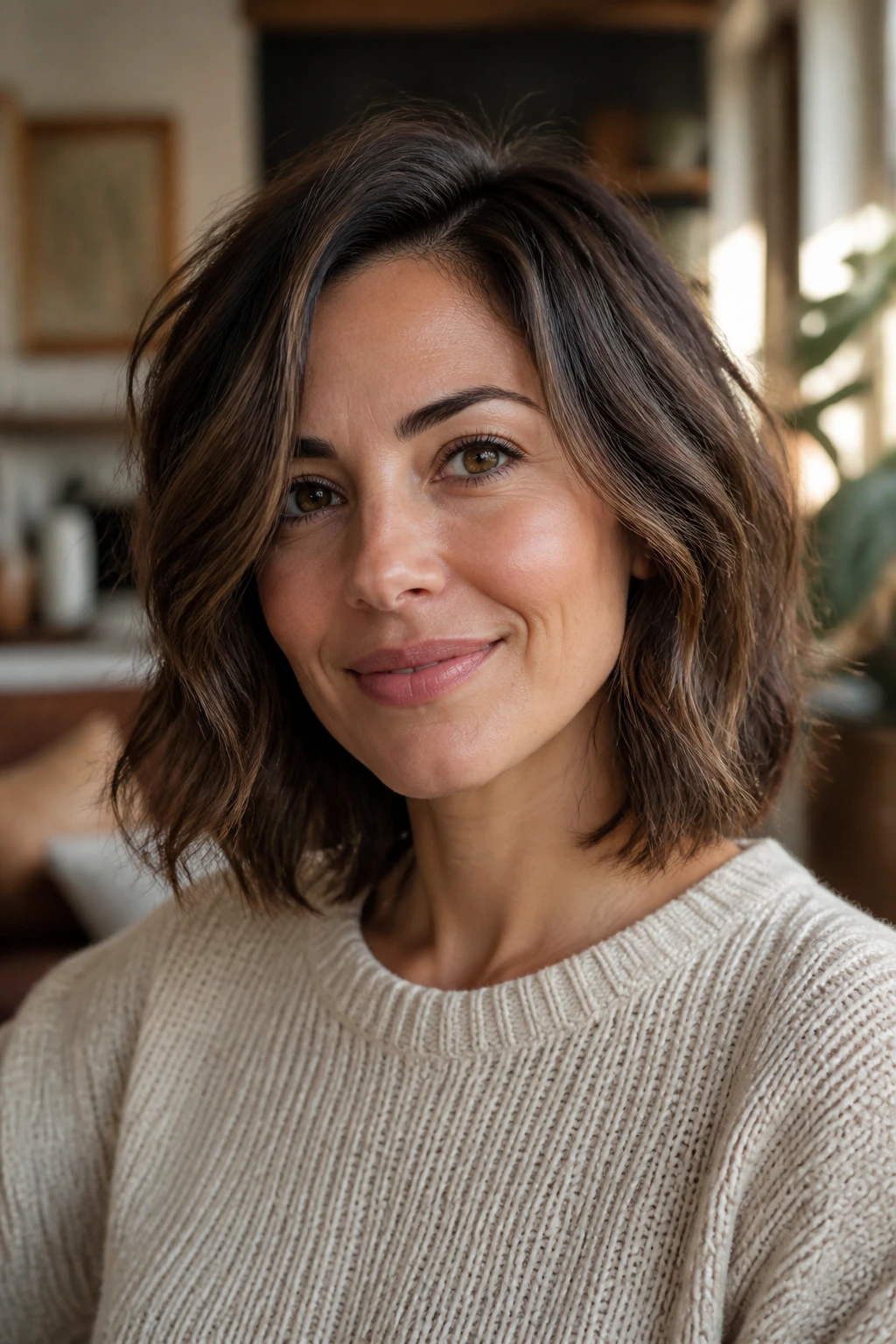 Close-up of a real woman with a tousled mid-length lob featuring textured waves.