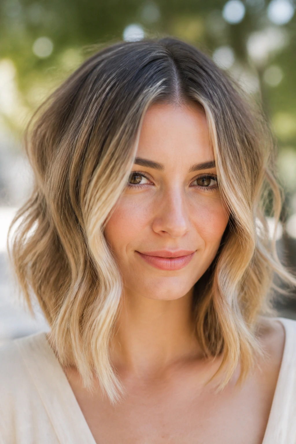 Real woman with tousled center-part lob waves