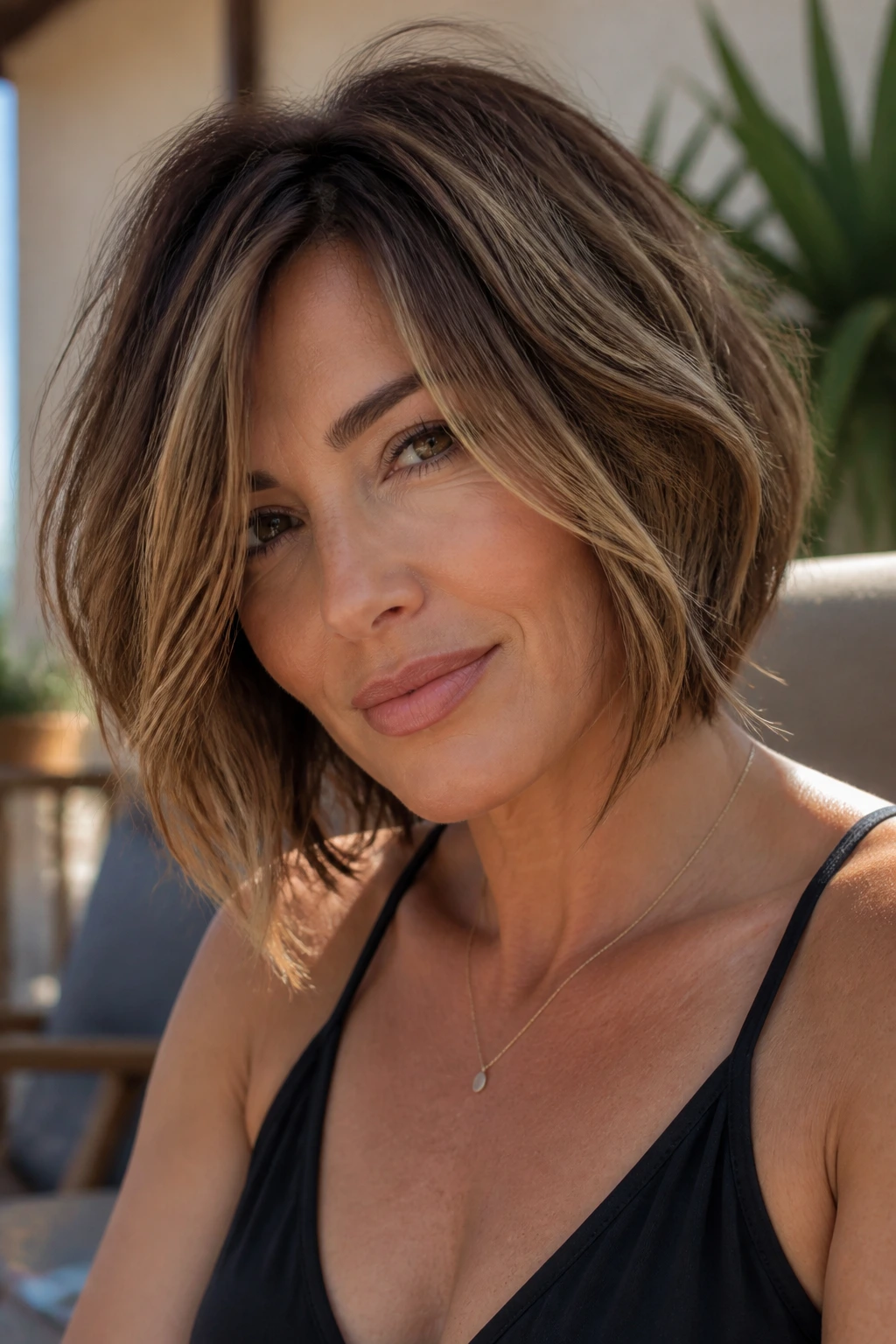 Real woman with tousled mid-length bob and piecey layers in sunlit outdoors